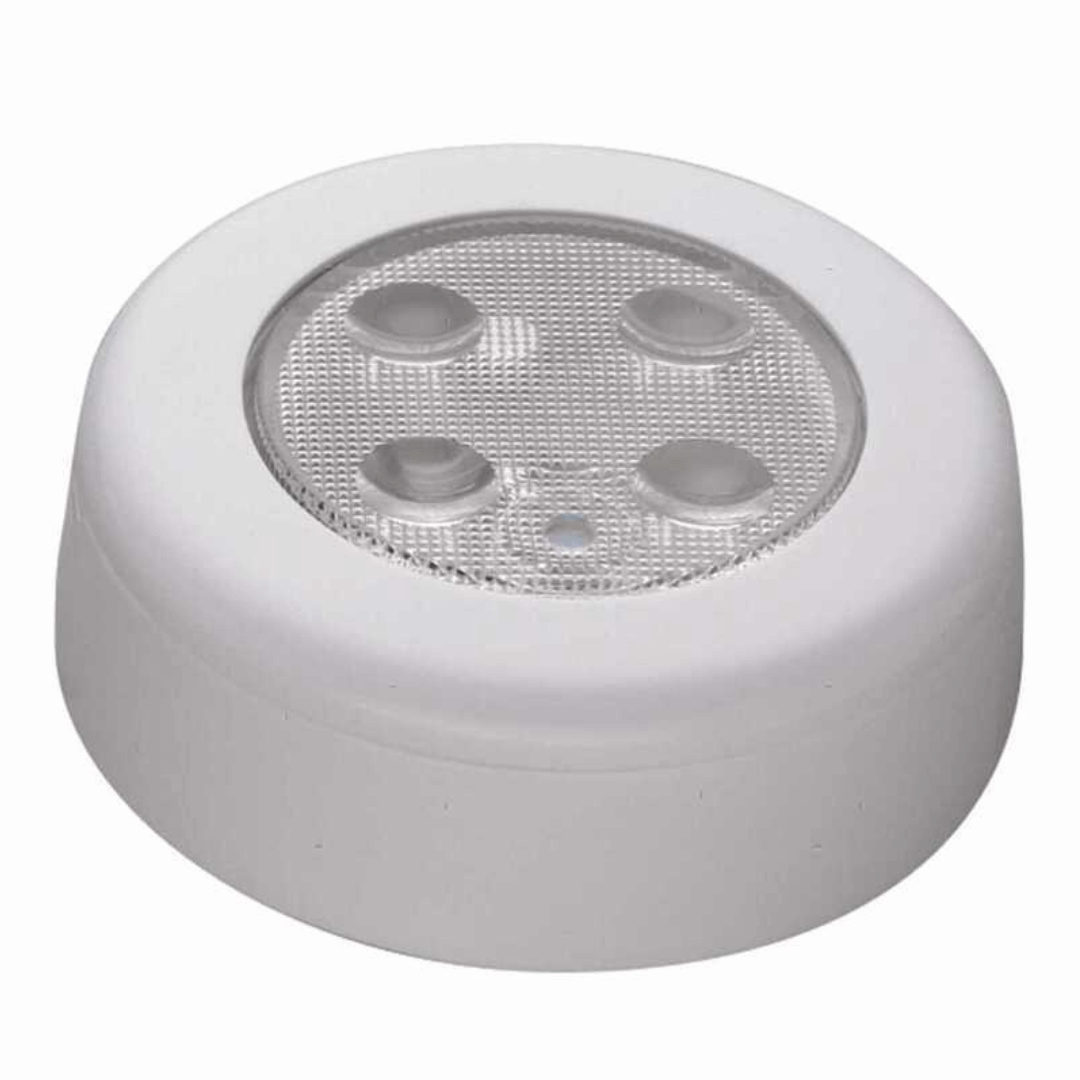 Plafoniera LED rotonda bianca con lente a pressione per accensione on/off, ideale come luce di cortesia.