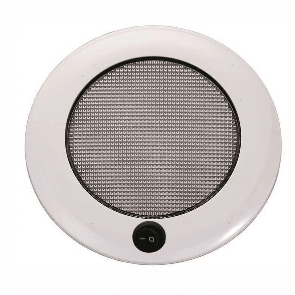 Plafoniera LED tonda ultrapiatta in ABS bianco con interruttore e funzione luce rossa notturna, ideale per barca e camper.