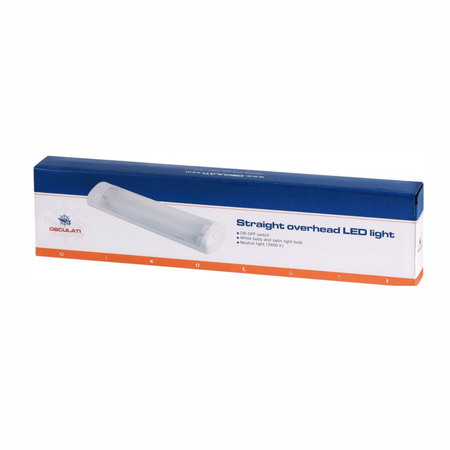 Plafoniera lineare a LED bianca 12V con diffusore satinato e interruttore, ideale per sostituire luci al neon su camper e barche. scatola