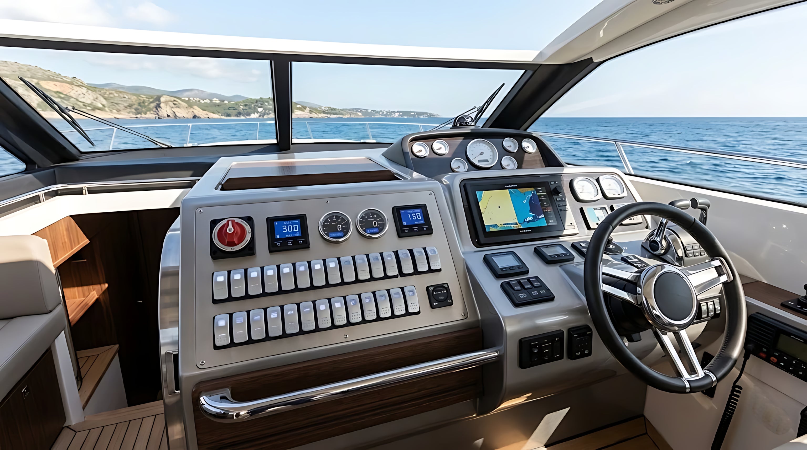 Vista ravvicinata dettagliata della plancia di comando in metallo spazzolato e legno di un lussuoso yacht a motore, che mostra una vasta gamma di interruttori a levetta illuminati, display digitali per tensione e RPM, schermi GPS e controlli di navigazione, sullo sfondo dell'oceano azzurro aperto e di una costa lontana.
