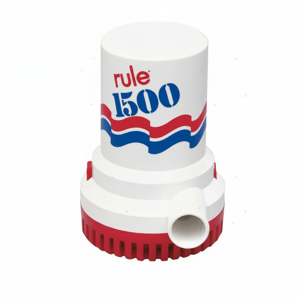 Pompa di sentina RULE standard ad immersione, disponibile nei modelli 1500 e 2000 (12V e 24V), compatibile con interruttori esterni automatici.