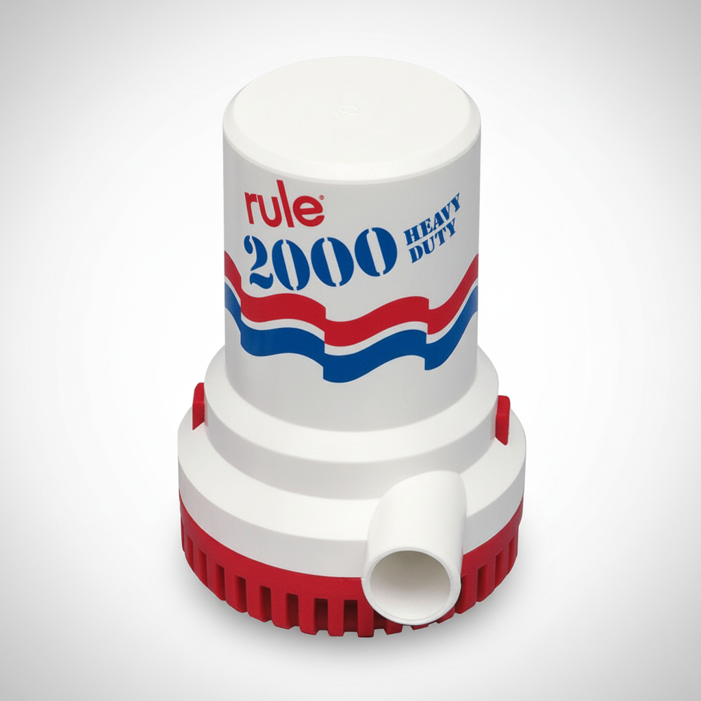 Pompa di sentina RULE standard ad immersione, disponibile nei modelli 1500 e 2000 (12V e 24V), compatibile con interruttori esterni automatici.