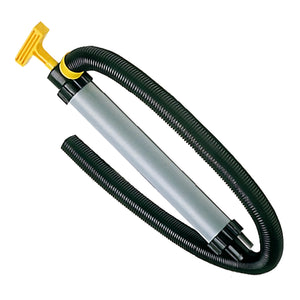Pompa di sentina manuale nautica ad azione aspirante e premente. Lunghezza corpo 390 mm, diametro 50 mm. Completa di prolunga e tubo spiralato di scarico.
