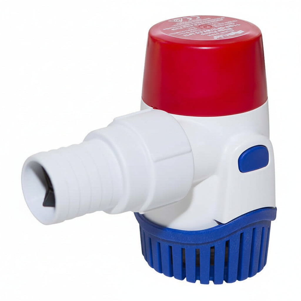 Pompa di sentina Rule New Generation sommergibile, compatta con base filtro blu e raccordi filettati. 1100