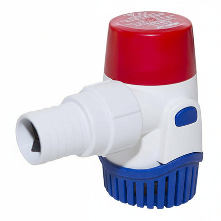 Pompa di sentina Rule New Generation sommergibile, compatta con base filtro blu e raccordi filettati. 1100