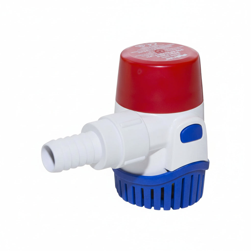 Pompa di sentina Rule New Generation sommergibile, compatta con base filtro blu e raccordi filettati. 360 500