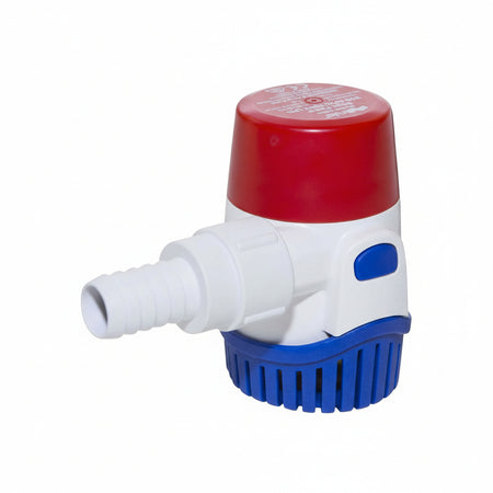 Pompa di sentina Rule New Generation sommergibile, compatta con base filtro blu e raccordi filettati. 360 500