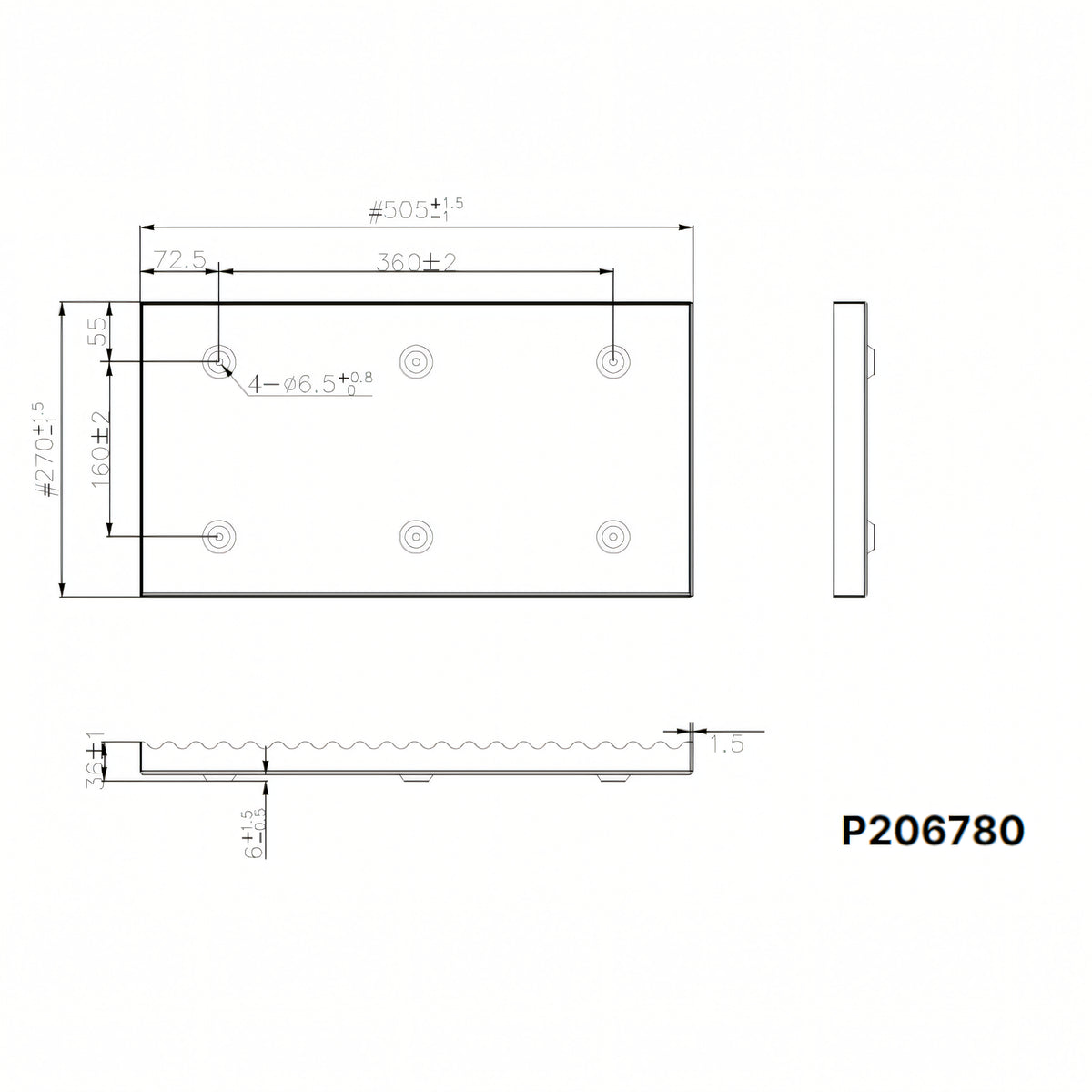 Disegno tecnico porta batteria Crosseven P206780 dimensioni 505x270mm