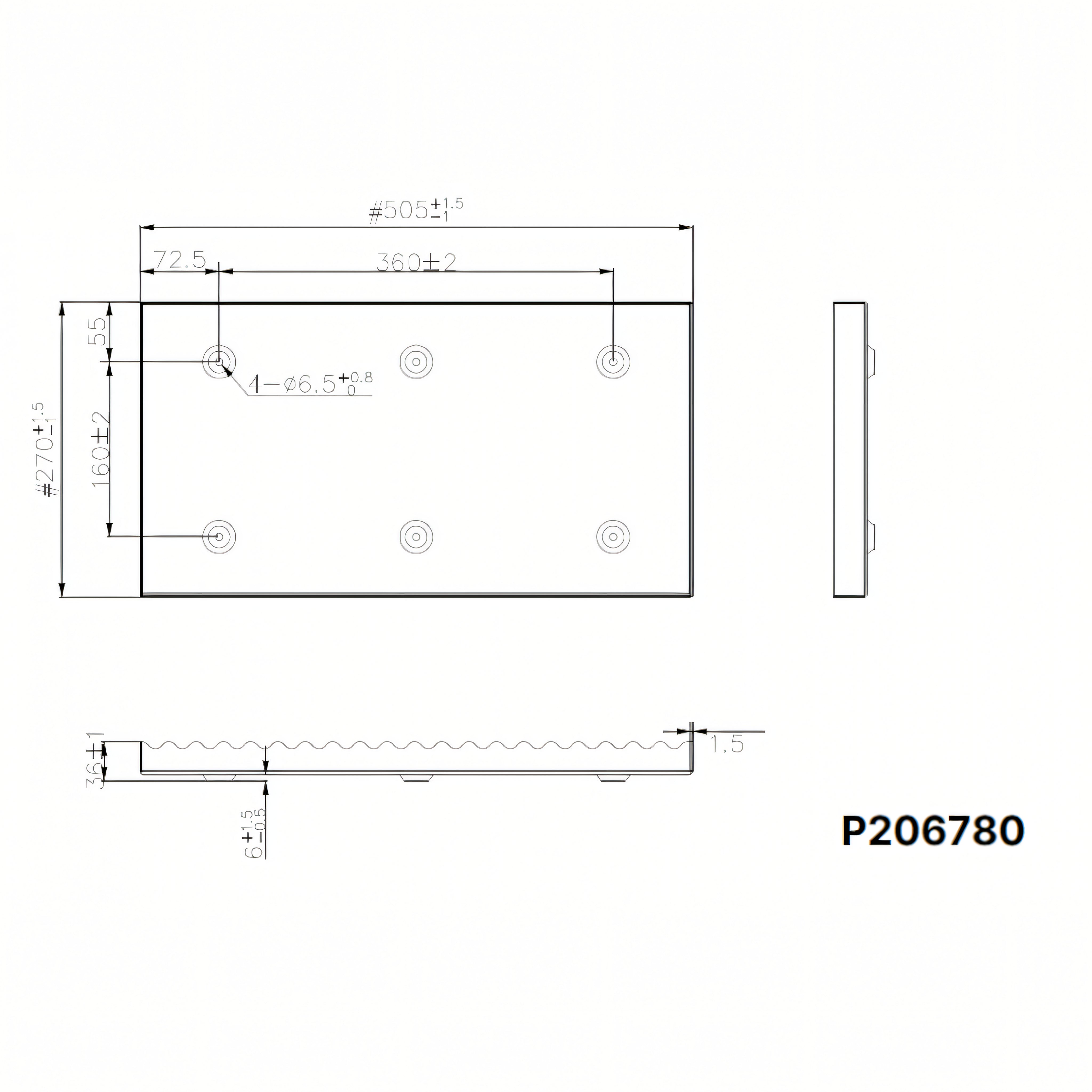 Disegno tecnico porta batteria Crosseven P206780 dimensioni 505x270mm