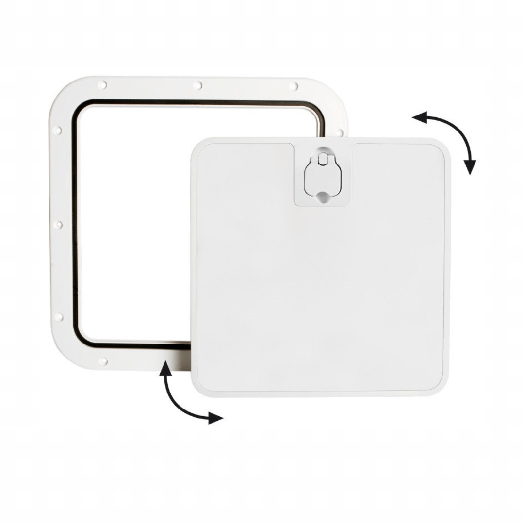 Portello d'ispezione nautico bianco 375x375 mm con coperchio completamente estraibile a baionetta.