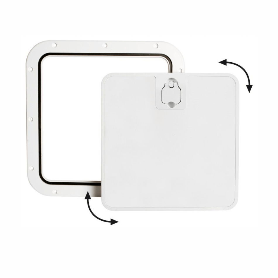 Portello d'ispezione nautico bianco 375x375 mm con coperchio completamente estraibile a baionetta.
