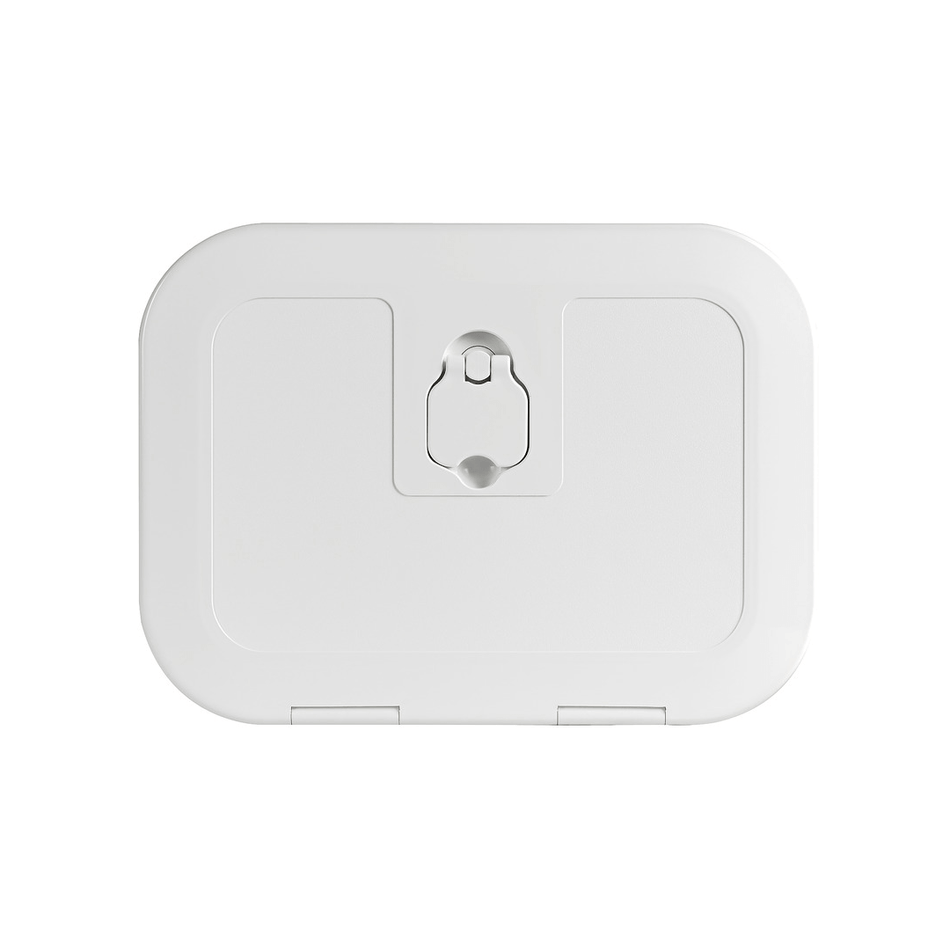 Portello d'ispezione nautico a filo (Flush) bianco, pedonabile e certificato CE, con coperchio carenato.
