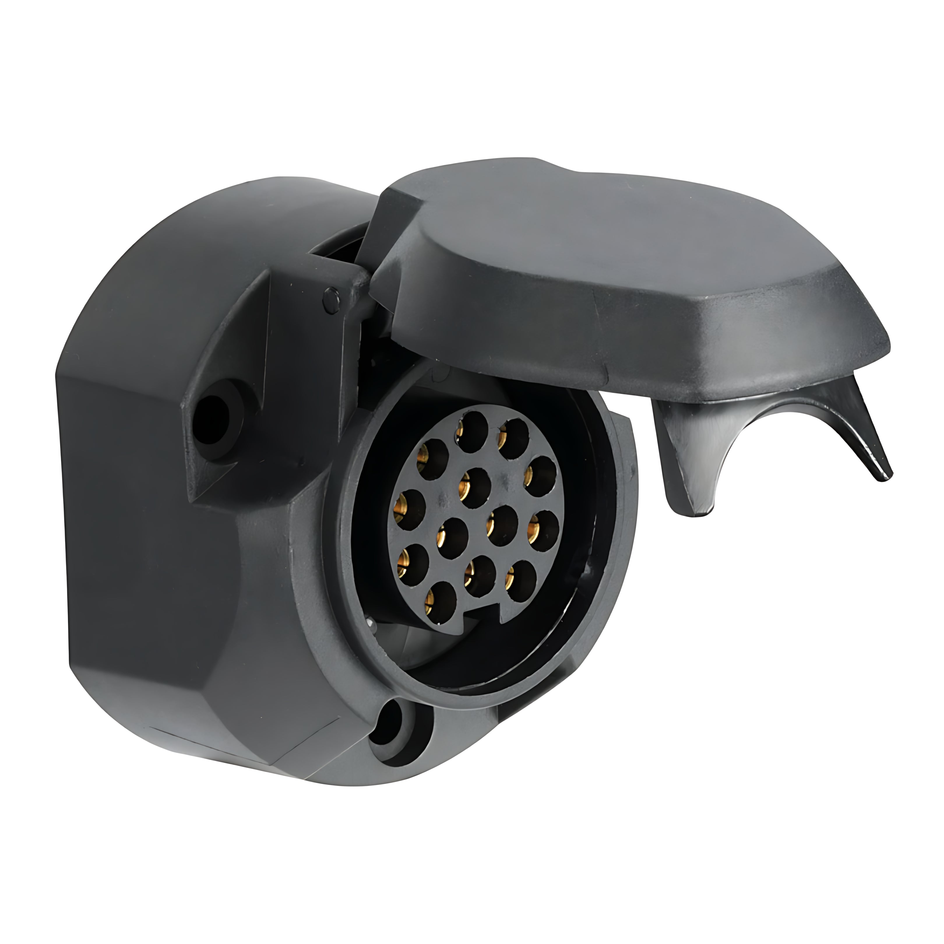 Presa a 13 poli per rimorchi in ABS nero con particolari in ottone cromato conforme norma ISO 11446