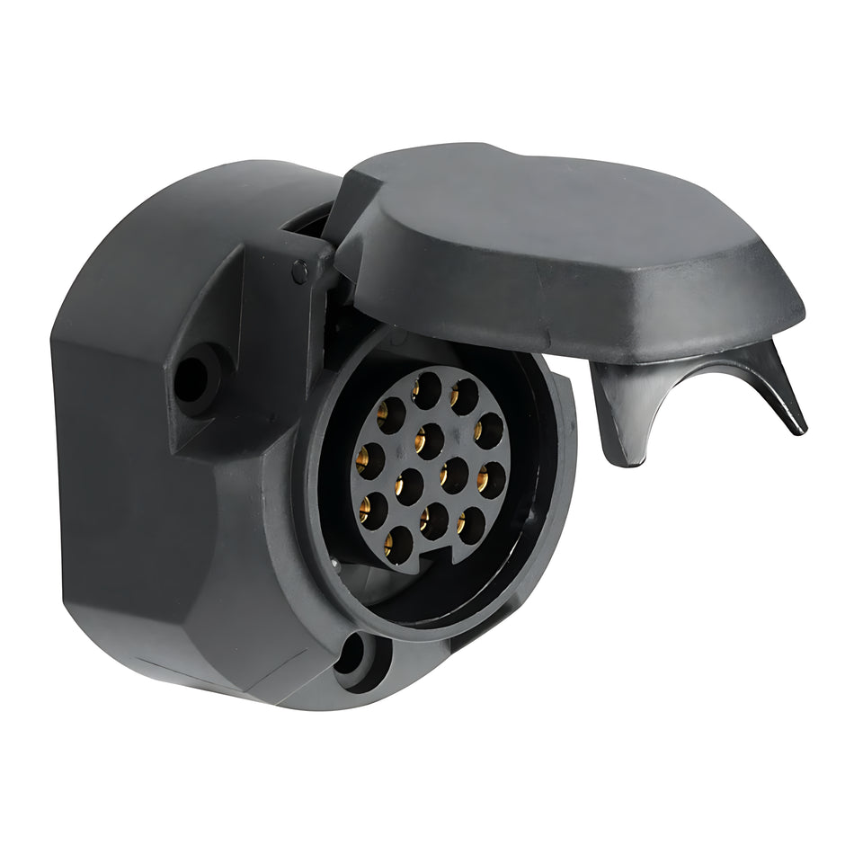 Presa a 13 poli per rimorchi in ABS nero con particolari in ottone cromato conforme norma ISO 11446