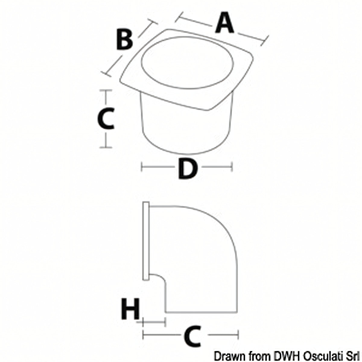 Presa d'aria a 90° con collare ABS disegno tecnico dimensioni