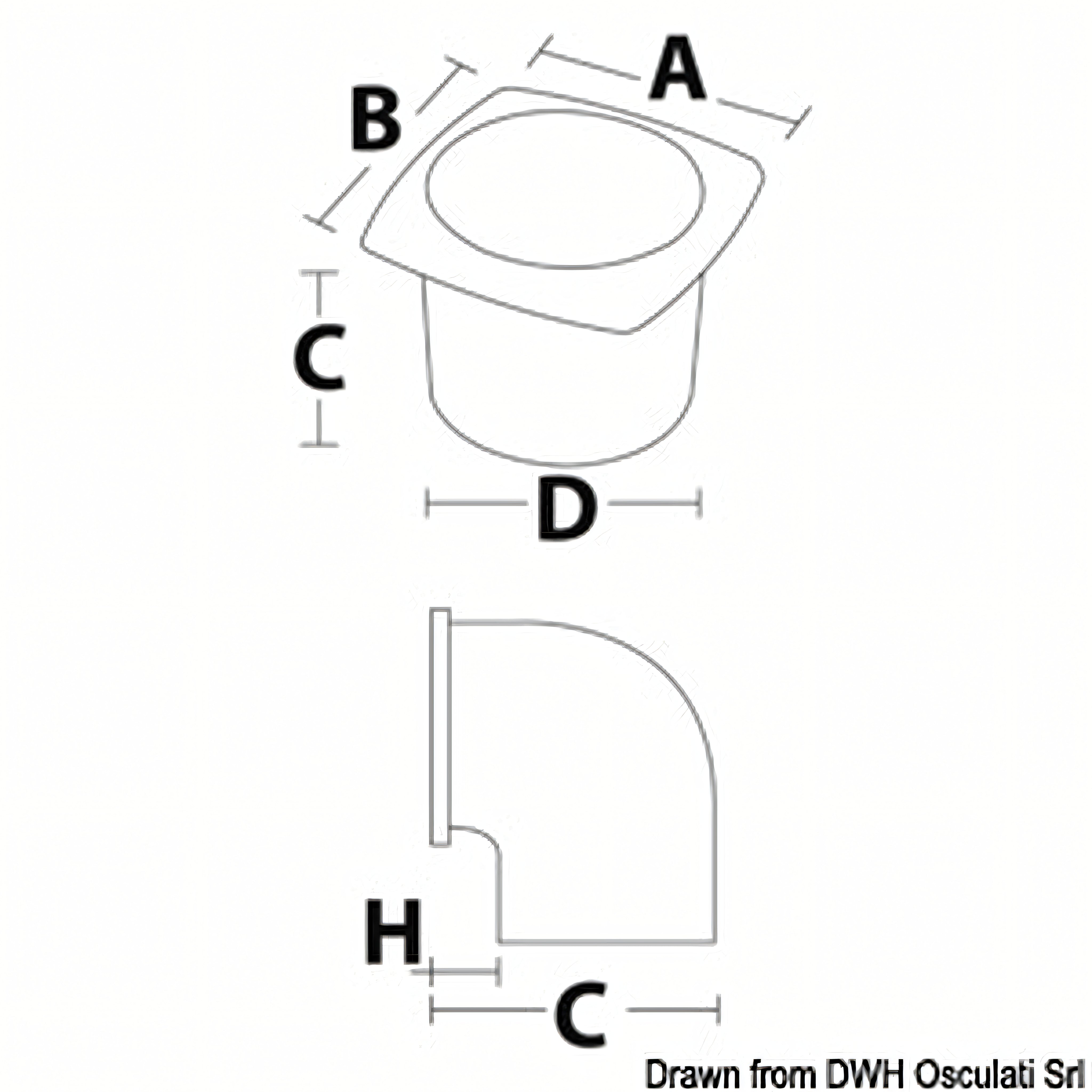 Presa d'aria con collare in ABS disegno tecnico con dimensioni