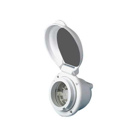 Presa di corrente ABS bianca 30A 220V IPX7 con coperchio aperto e contatti in metallo | Onautica