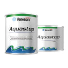 Latta da 0,75 e 2,5 litri di primer antiosmosi bicomponente Veneziani Aquastop azzurro trasparente per barche in vetroresina.
