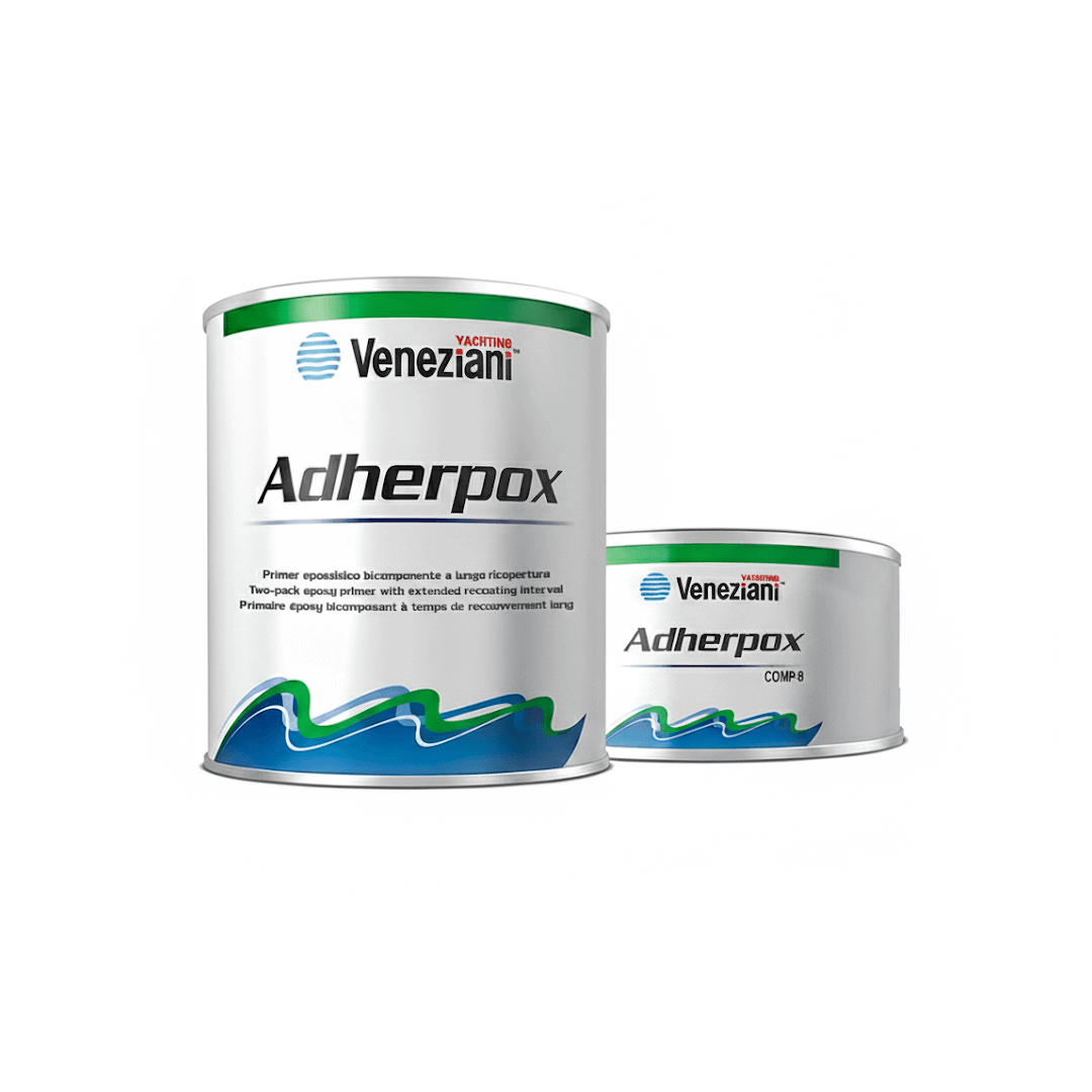 Primer epossidico bicomponente Veneziani Adherpox anticorrosivo per alluminio, acciaio e vetroresina.