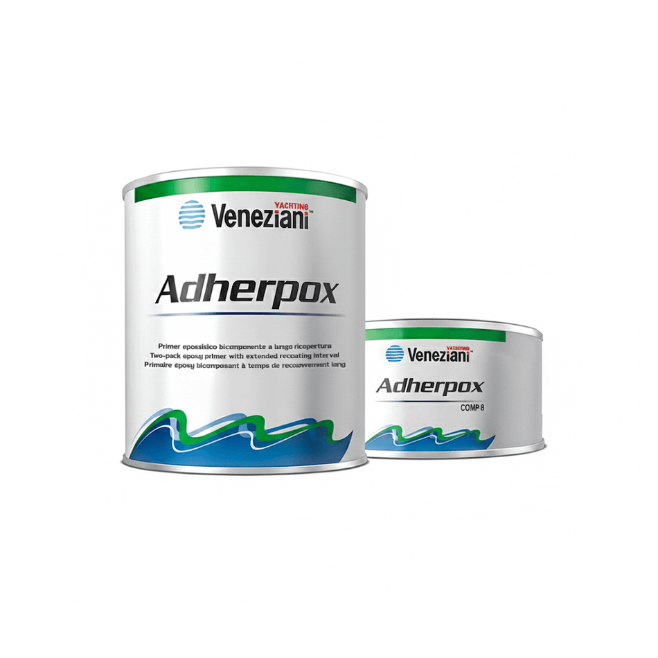 Primer epossidico bicomponente Veneziani Adherpox anticorrosivo per alluminio, acciaio e vetroresina.