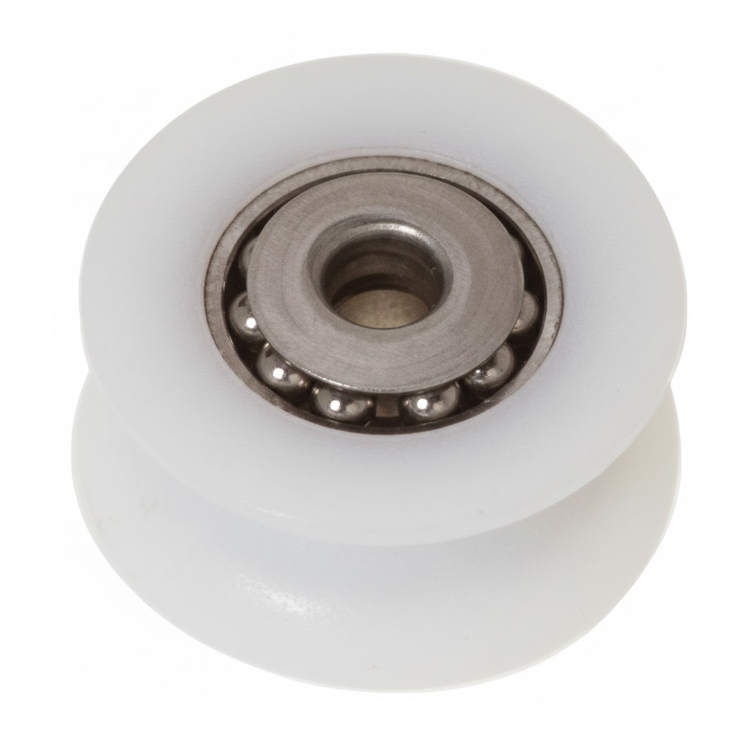 Puleggia per bozzello in Delrin con cuscinetti a sfera e calotte in acciaio inox.
