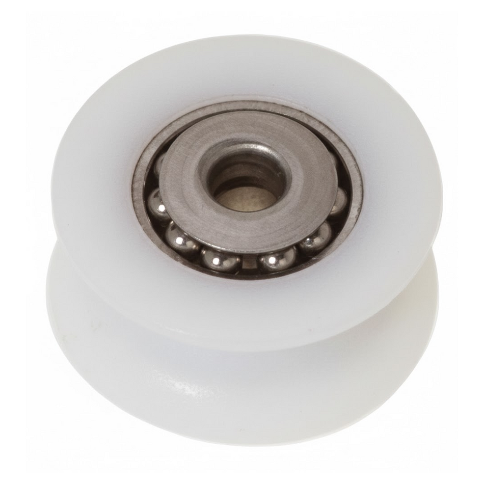 Puleggia per bozzello in Delrin con cuscinetti a sfera e calotte in acciaio inox.