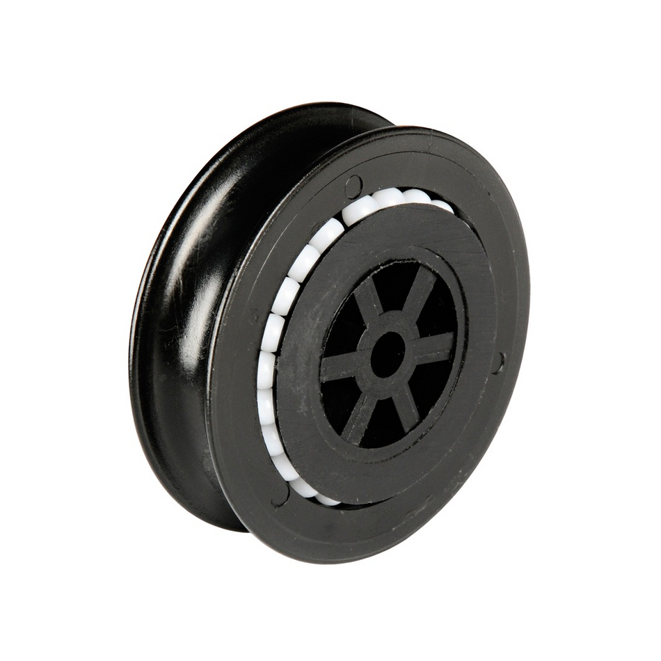 Puleggia per bozzelli in nylon bianco con scorrimento su sfere in Delrin.