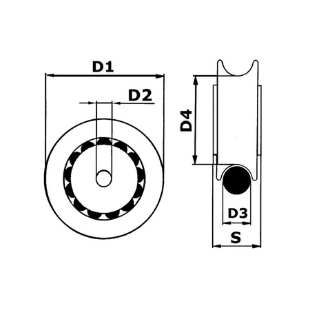 Schema di Puleggia per bozzelli in nylon bianco con scorrimento su sfere in Delrin.