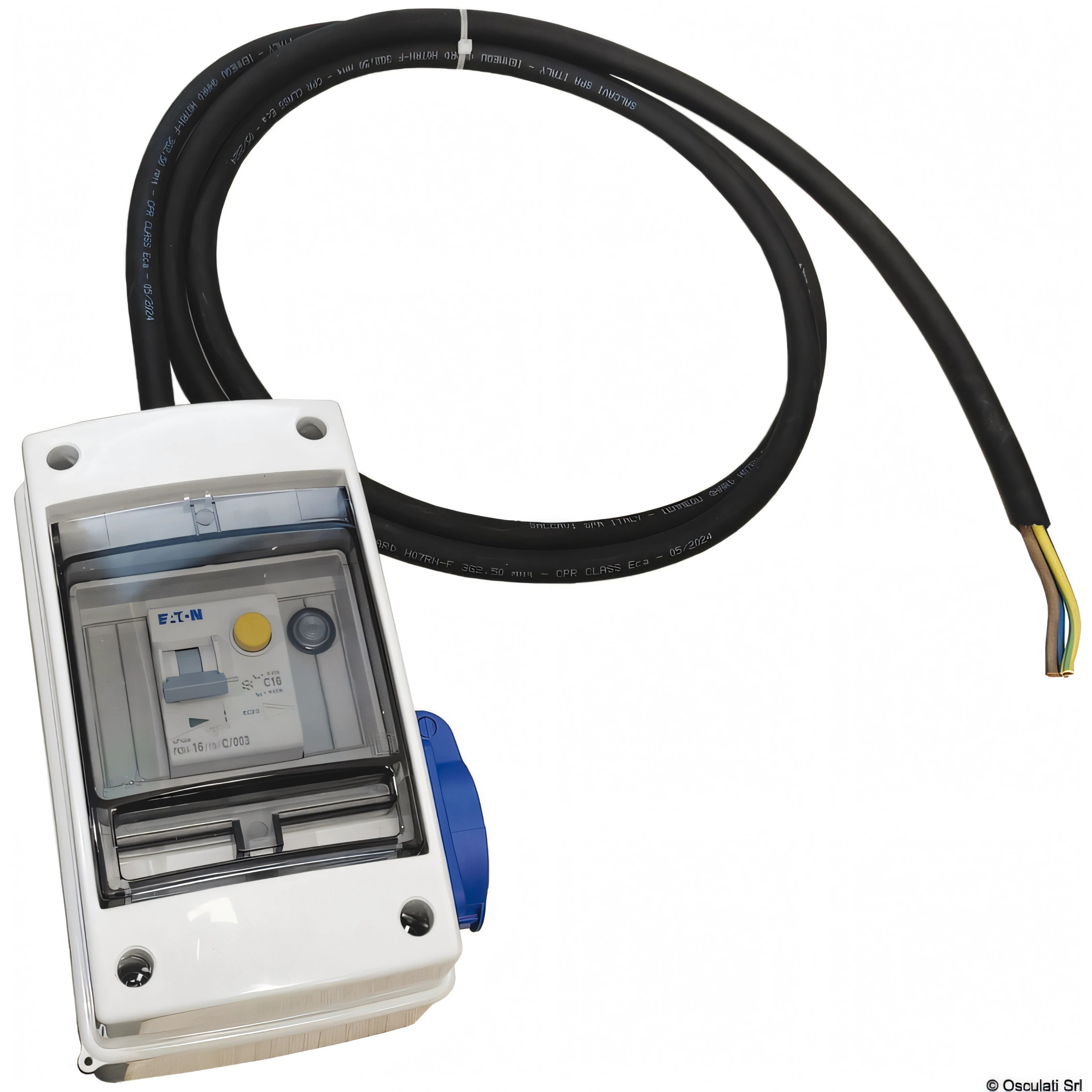Quadro elettrico Osculati 16A 230V in ABS bianco con sportello IP65, salvavita, magnetotermico e cavo H07RN-F nero