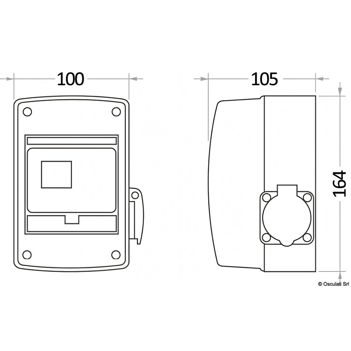 Disegno tecnico quadro elettrico Osculati 16A con misure 100 x 164 x 105 mm