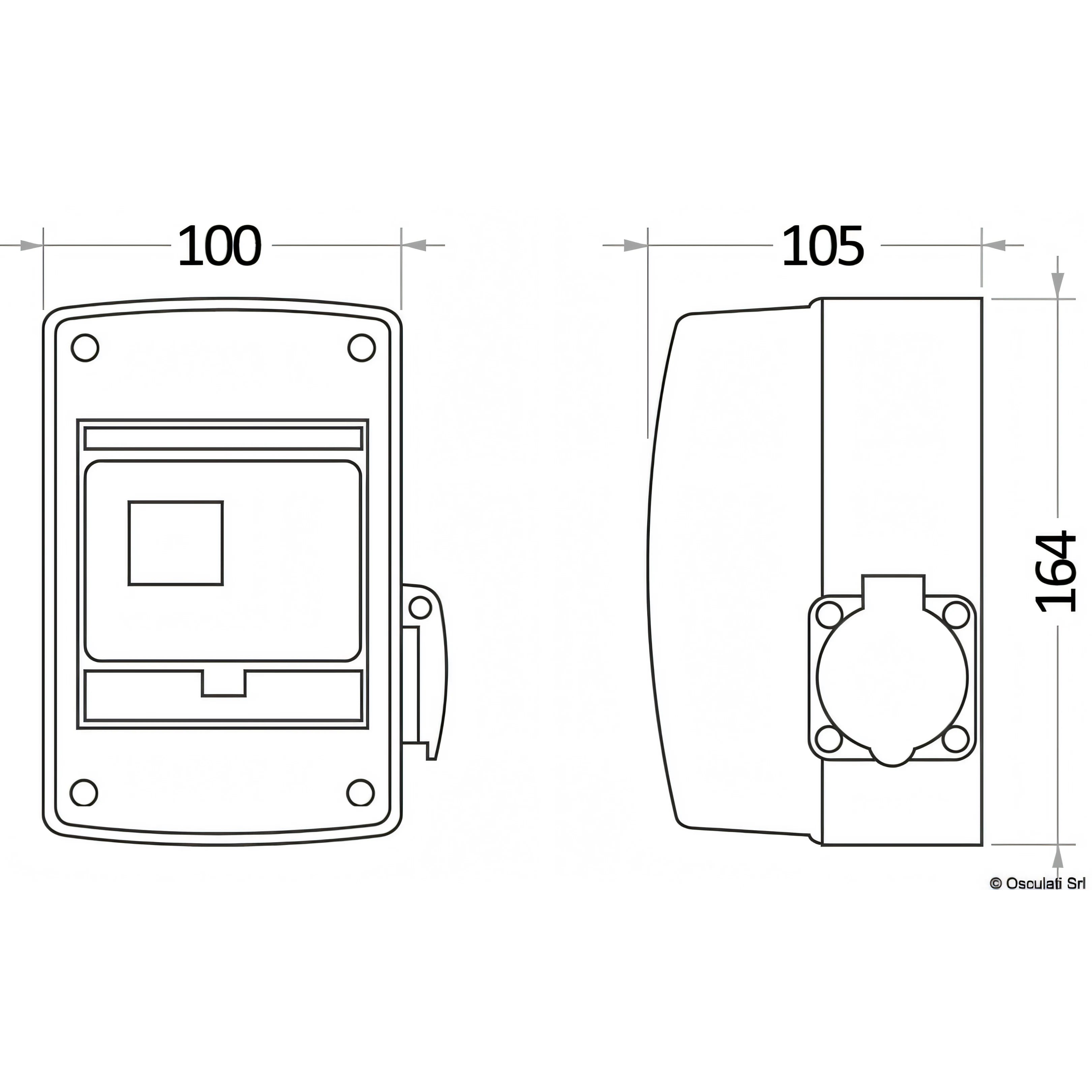 Disegno tecnico quadro elettrico Osculati 16A con misure 100 x 164 x 105 mm