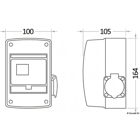 Disegno tecnico quadro elettrico Osculati 16A con misure 100 x 164 x 105 mm