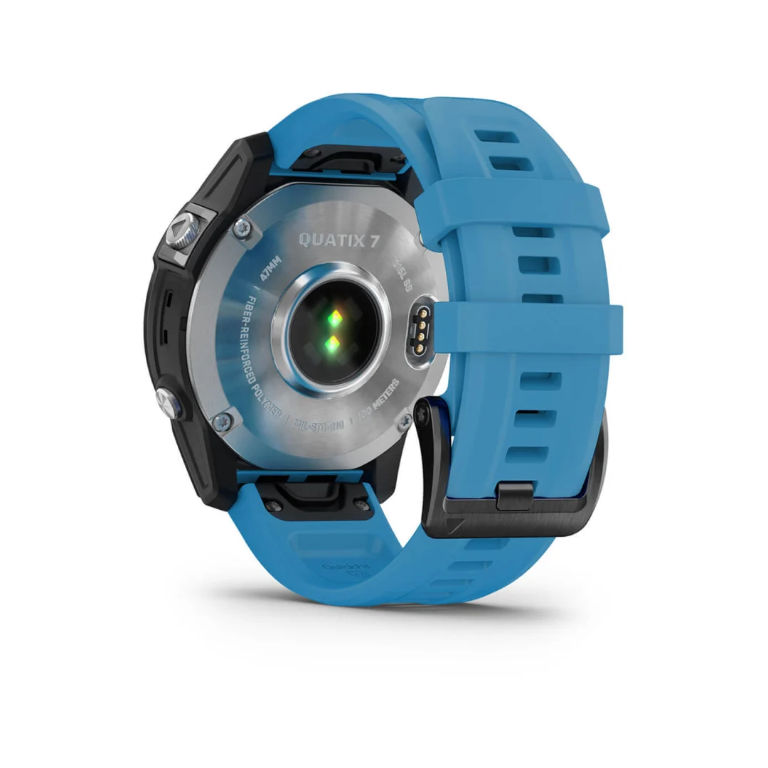 Retro orologio Garmin Quatix 7 con sensore ottico verde, cinturino silicone blu e cassa nera 47mm | Onautica