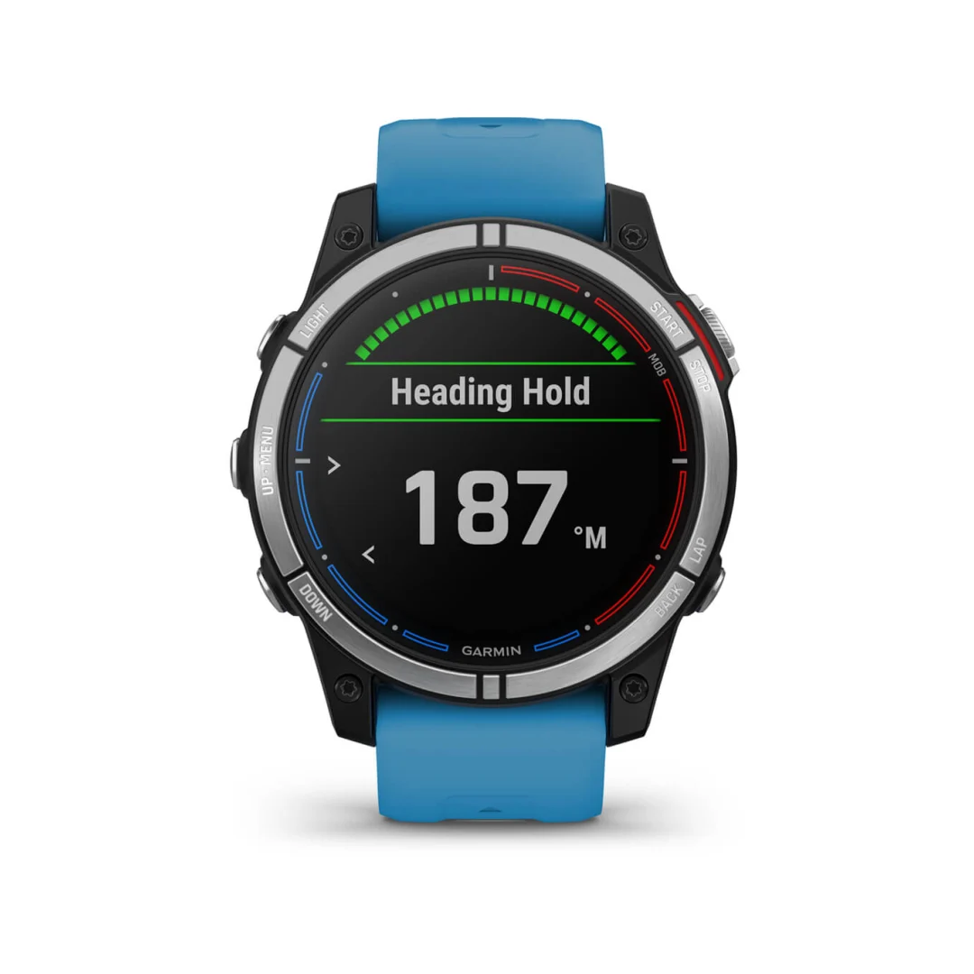 Orologio GPS nautico Garmin Quatix 7 con cinturino blu, display "Heading Hold" 187°M e ghiera argentata | Onautica