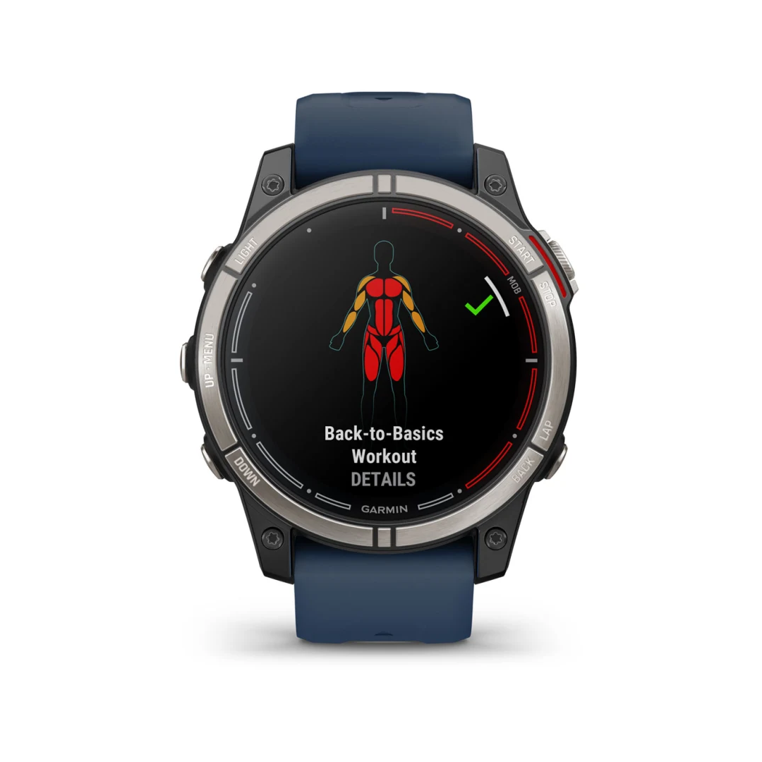 Orologio Garmin Quatix 7 Pro con cinturino blu e schermo workout muscoli | Onautica