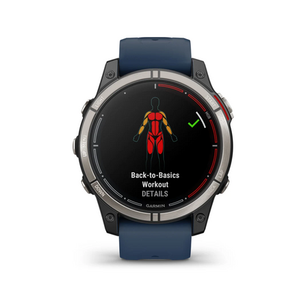 Orologio Garmin Quatix 7 Pro con cinturino blu e schermo workout muscoli | Onautica