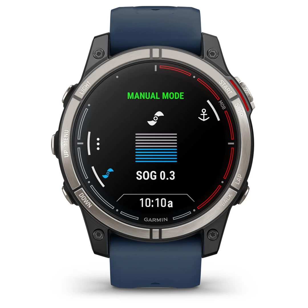 Orologio GPS nautico Garmin Quatix 7 Pro con cinturino blu navy, cassa silver, display MANUAL MODE e SOG | Onautica