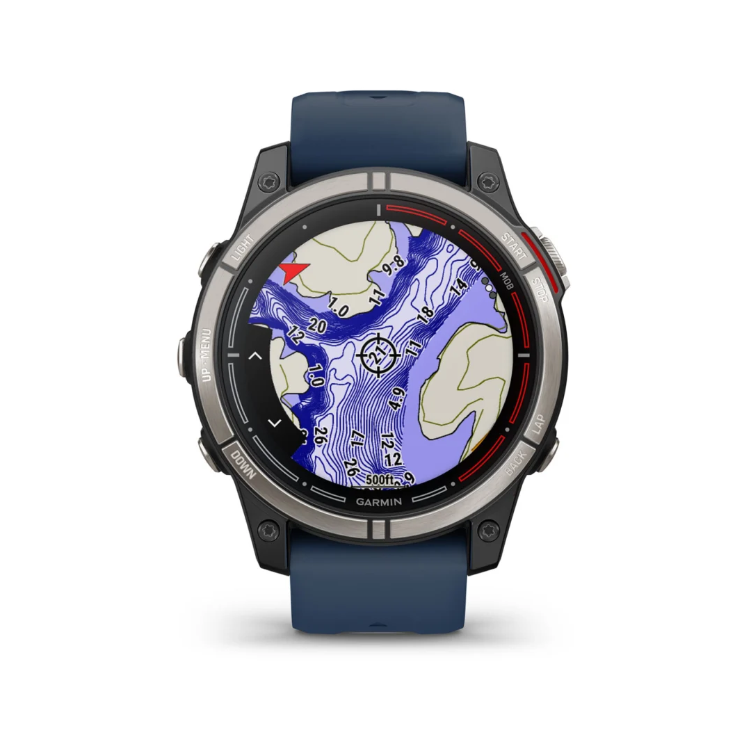 Orologio GPS nautico Garmin Quatix 7 Pro con cinturino blu, cassa titanio e mappa batimetrica a colori | Onautica