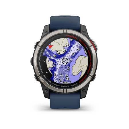 Orologio GPS nautico Garmin Quatix 7 Pro con cinturino blu, cassa titanio e mappa batimetrica a colori | Onautica