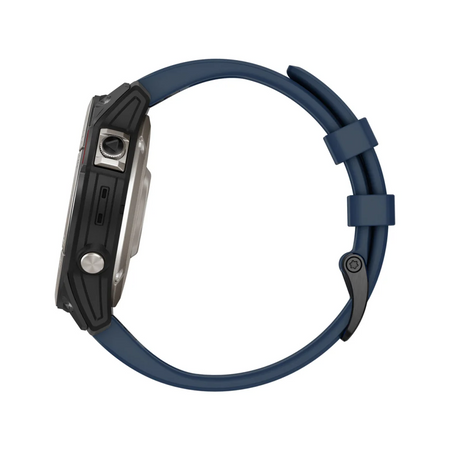 Vista laterale orologio GARMIN Quatix 7 PRO con cinturino in silicone blu navy e cassa nera con pulsanti laterali | Onautica