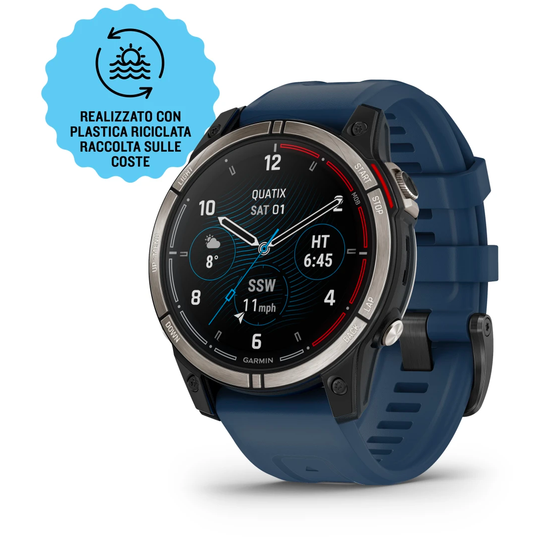 Orologio GPS nautico Garmin Quatix 7 Pro con cinturino blu e cassa in titanio, display con dati meteo e vento | Onautica