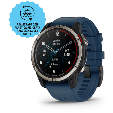 Orologio GPS nautico Garmin Quatix 7 Pro con cinturino blu e cassa in titanio, display con dati meteo e vento | Onautica