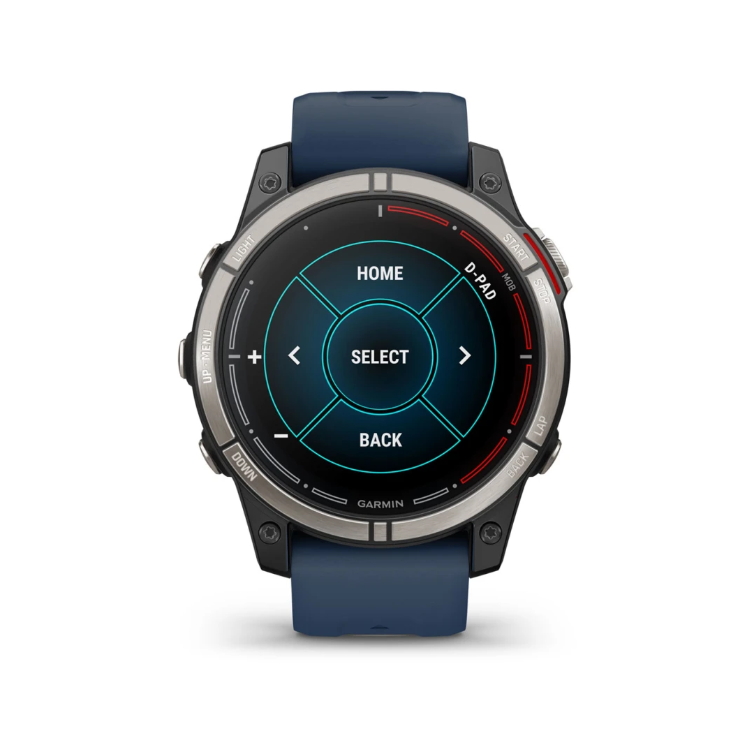 Orologio Garmin Quatix 7 Pro con cinturino blu navy, cassa in titanio e display D-PAD touchscreen | Onautica