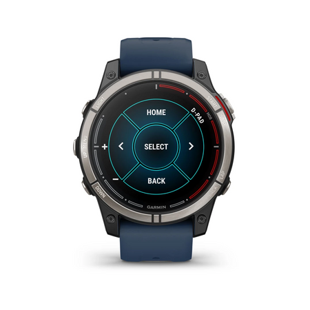 Orologio Garmin Quatix 7 Pro con cinturino blu navy, cassa in titanio e display D-PAD touchscreen | Onautica