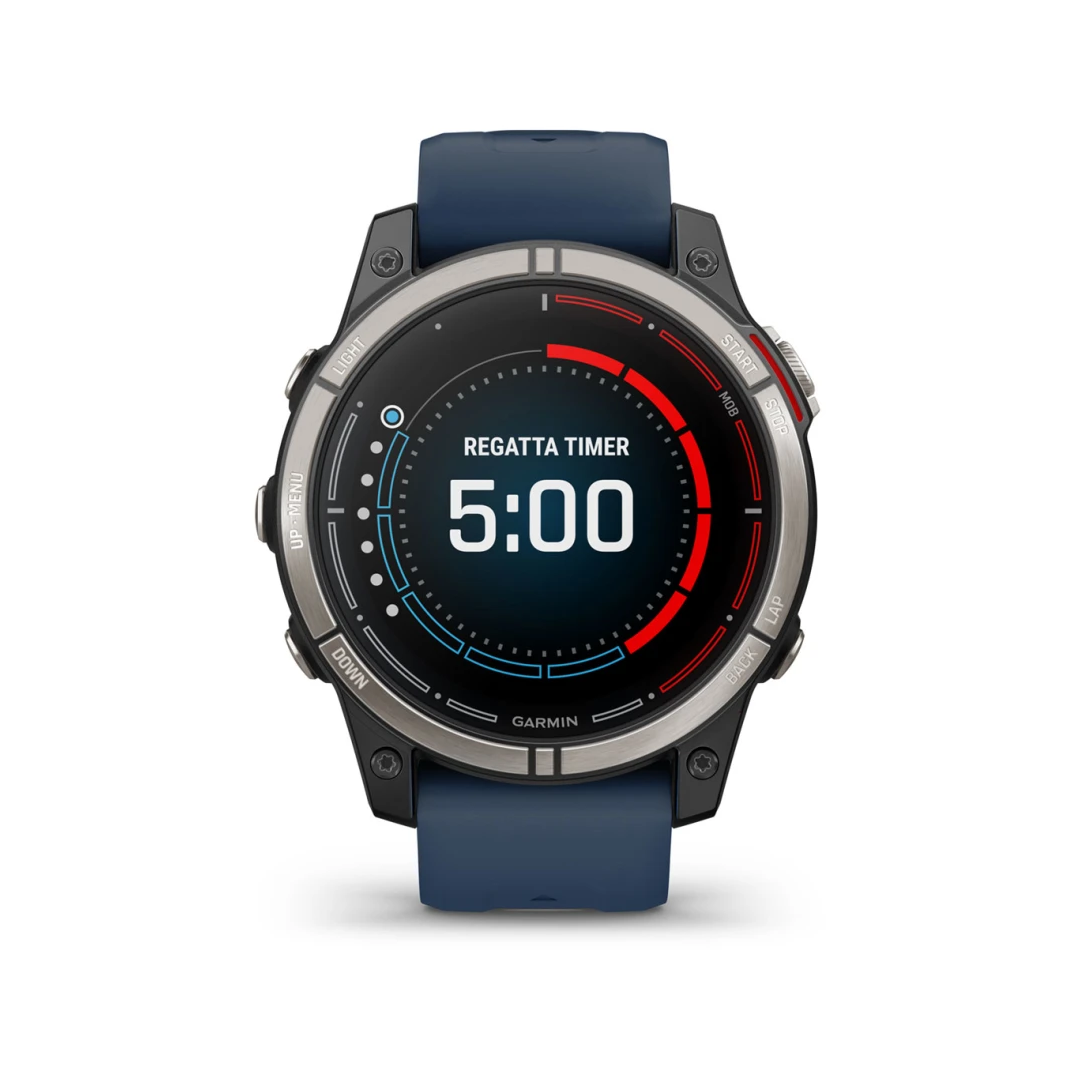 Orologio GPS nautico Garmin Quatix 7 Pro con timer regata, cassa titanio e cinturino blu navy | Onautica