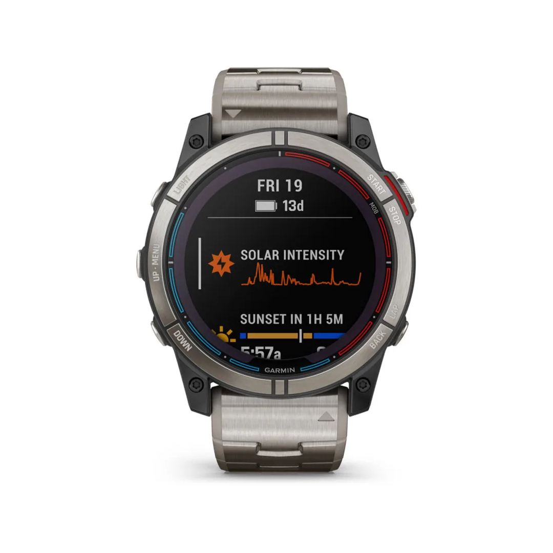 Orologio GPS Garmin Quatix 7X Solar Edition, cassa titanio, cinturino metallo, display solar intensity e sunset | Onautica