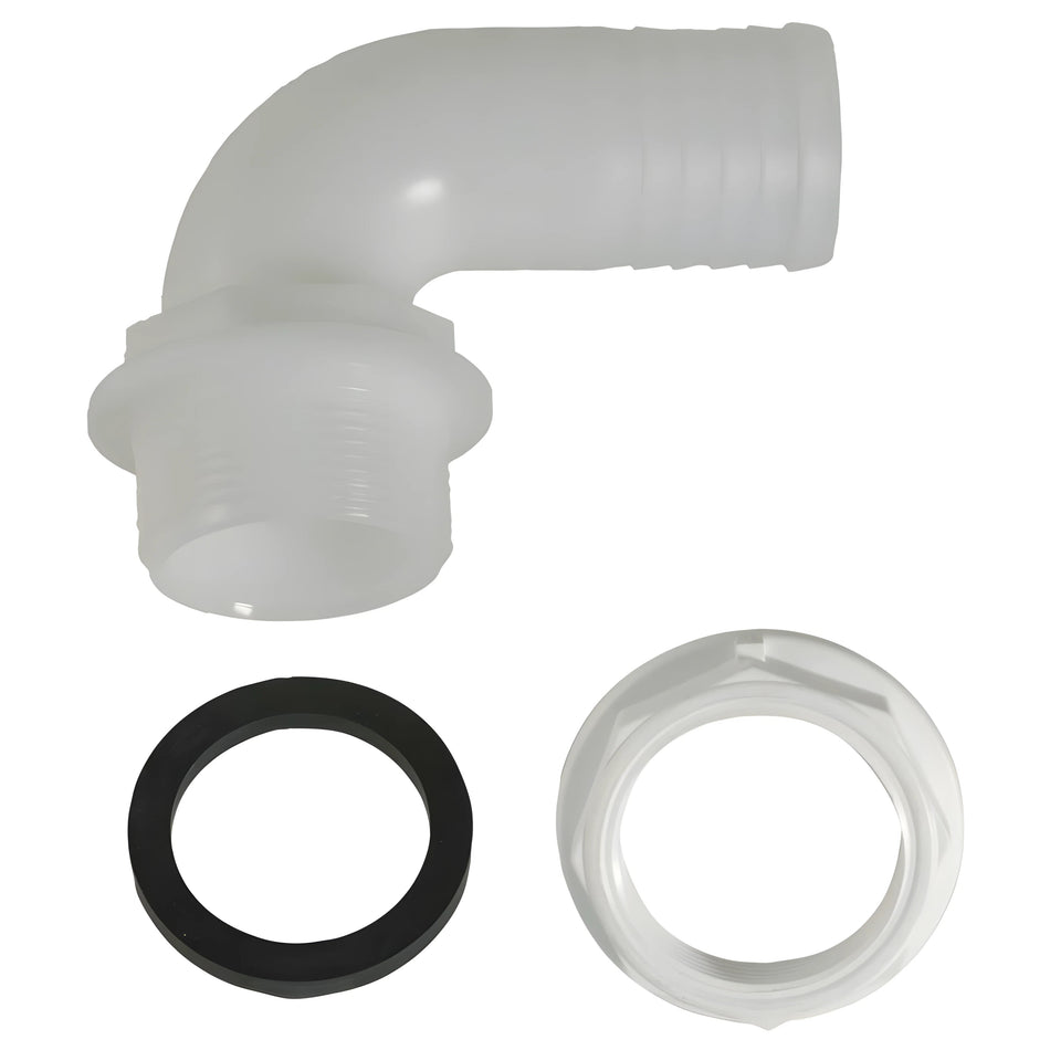 Raccordo portagomma a gomito 90 gradi diametro 38mm con filetto 1 pollice e mezzo per serbatoi.