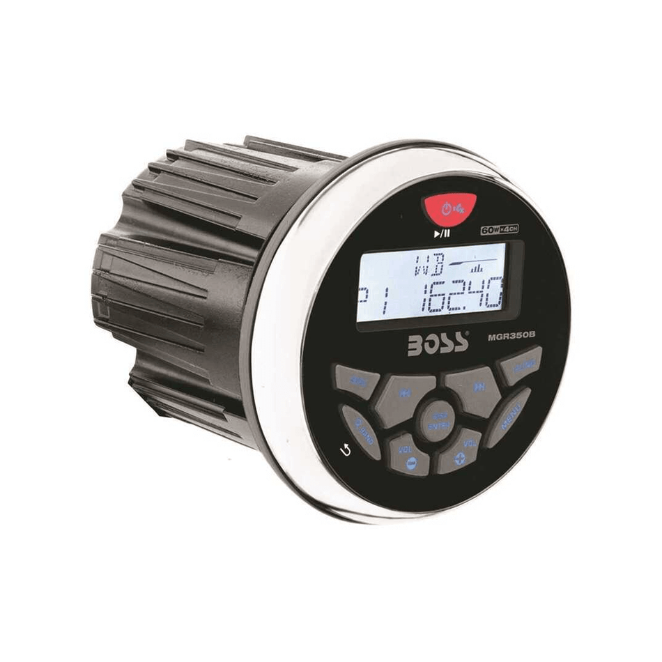Stereo marino Boss Marine MGR350B tondo da cruscotto con display LCD e connessione Bluetooth.