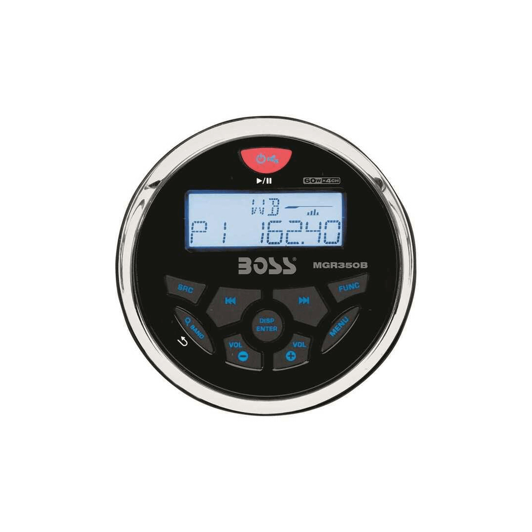 Stereo marino Boss Marine MGR350B tondo da cruscotto con display LCD e connessione Bluetooth.