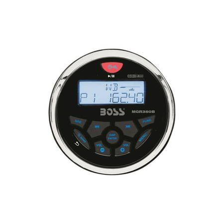 Stereo marino Boss Marine MGR350B tondo da cruscotto con display LCD e connessione Bluetooth.